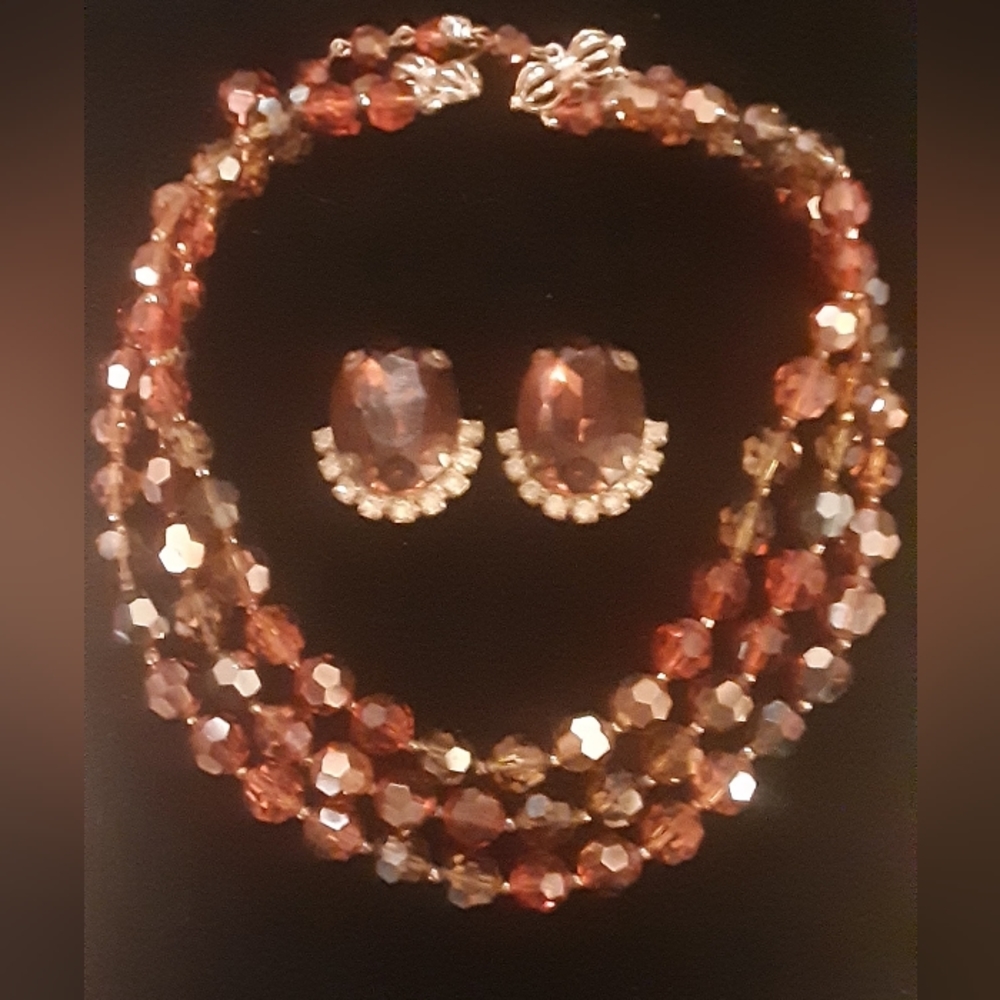 c1950 MARVELLA CRYSTAL Shades of Amber Triple Strand Necklace + Amber Earrings